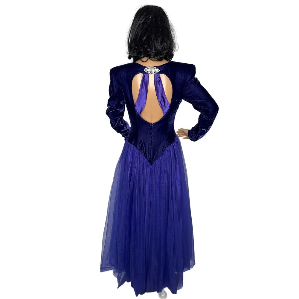 1980s Royal Blue Velvet Tulle Open Back Gown S/M